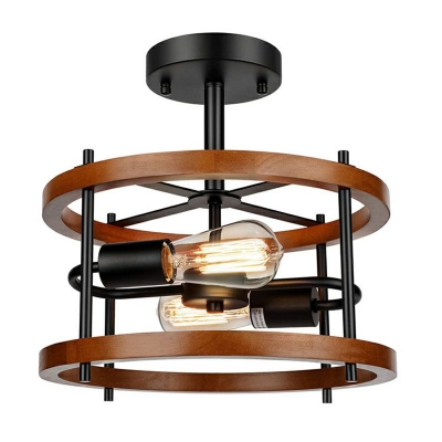 2-Light Semi Flush Mount Light Modern Style Drum Shape Wood Ceiling Mounted Fixture
