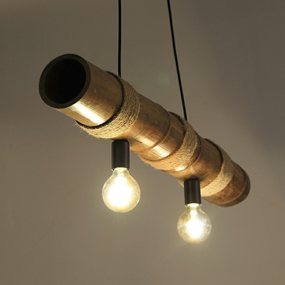 2 Lights Brown Hanging Lamp Bar Hemp Rope Pendant Island Light with Wood