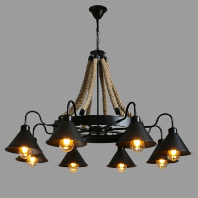 Industrial 37.5''W Large Chandelier with Rope and Cone 8 Light Metal Shade in Black