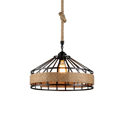 Industrial Yurt Shape Pendant Light 1 Light in Black Hanging Lamp with Hemp Rope for Restaurant