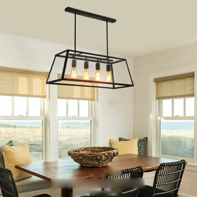 Large Lantern Industrial LED Pendant with Trapezoid Iron Outshape 4 Lights for Dining Room in Black