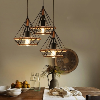 Industrial Caged Shade Multi Light Pendant Natural Rope 3 Light Hanging Lamp in Black
