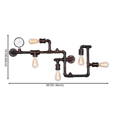 Industrial Maze Pipe Sconce Lighting 5-Head Iron Wall Mount Lamp in Rust Red with Gauge Deco