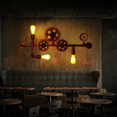 Industrial Style Wheel Pipe Shaped Wall Lamp Metal 3 Light Wall Light in Rust for Restaurant