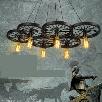 Industrial Wheel Shaped Multi Light Pendant Metal 6 Light Hanging Lamp