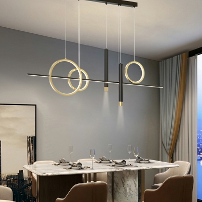 Minimalist Metal LED Hanging Light for Dining Room 6-Bulb Ring and Bar Shaped Island Lighting