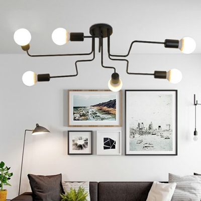 Pipe Semi Flush Ceiling Light in Wrought Iron Retro Style Black Finish Living Room Ceiling Light
