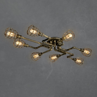 Semi Flush Light Warehouse Iron Piping Ceiling Light with Cage Shade for Corridor