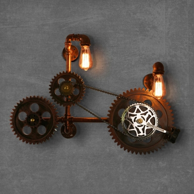 Two-Light Gearwheel Wall Sconces Curved Pipe Wall Mounted Light Fixture in Red-Brown