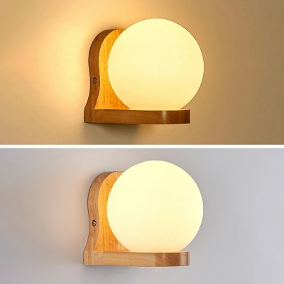 Wooden Spherical LED Wall Sconce 1 Head Minimalist Wall Mounted Lamp with White Glass