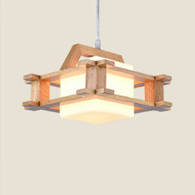 1-Light Living Room Hanging Lamp Modern Wood Pendant Light Kit with Opal Glass Shade