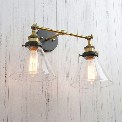 2 Bulbs Industrial Cone Wall Light Clear Glass Sconce Light in Black for Hallway