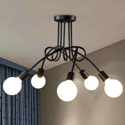 5 Light Metal Semi Flush Mount Light Industrial Black Sputnik Ceiling Lighting for Living Room