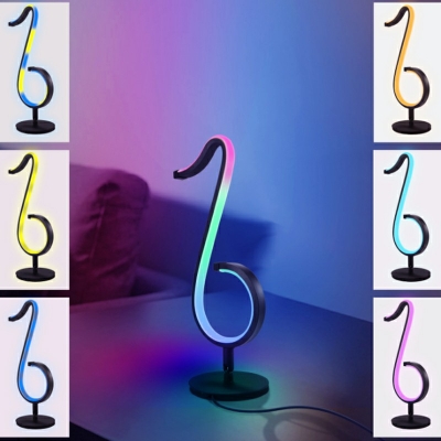 Black Modern Stylish Music Note Table Light Metallic Bedside LED Nightstand Lamp in RGB Light