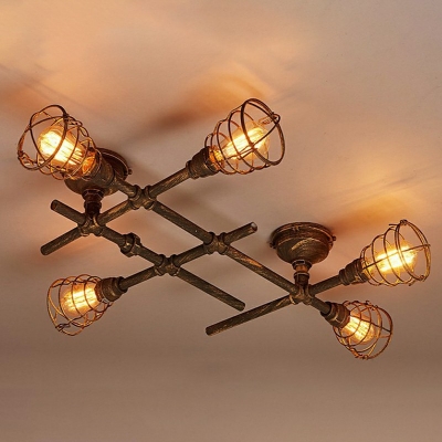 Bronze Semi Flush Light Warehouse Iron Piping Ceiling Light with Cage Shade for Corridor