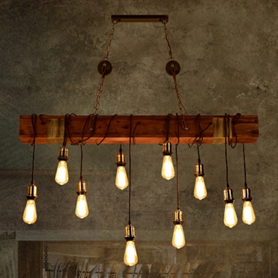 Distressed Wood Island Light Fixture Linear 10 Heads Rustic Pendant Lighting with Open Bulb Design