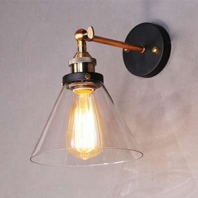Industrial Vintage Cone Shade Wall Sconce Glass 1 Light Wall Lamp in Black for Corridor