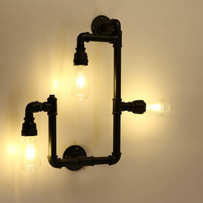 3 Lights Industrial Water Pipe Wall Light Metal Sconces Black Wall Lamp Lighting