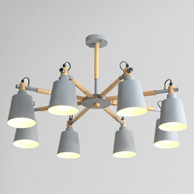 Macaron Style Wooden Flush Mount Light 8 Heads Wrought Iron Ceiling Light in White Light for Living Room