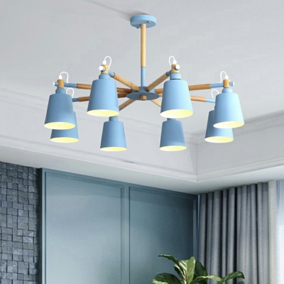 Macaron Style Wooden Flush Mount Light 8 Heads Wrought Iron Ceiling Light in White Light for Living Room