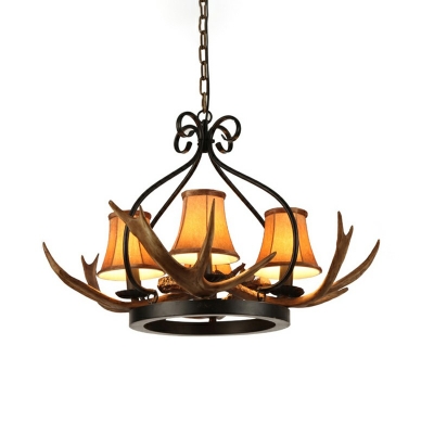 4 Lights Curved Arm Chandelier Beige Fabric Shade Lighting Tapered Ceiling Light Fixture Antlers in Brown