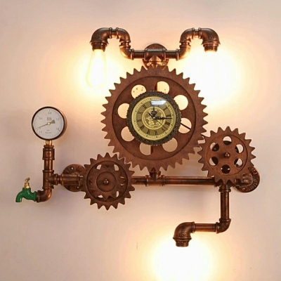 Industrial Style Clock Pipe Wall Lamp Metal 3 Light Wall Light for Restaurant