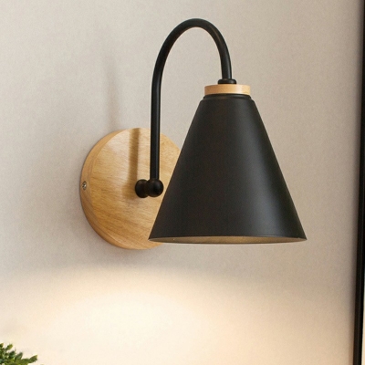 Kid's Bedroom Iron Shade Wall Sconce Flared Shaped Wood Backplate 1-Head Wall Lantern with Arc Arm
