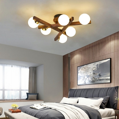Post-Modern Style Globe Glass Lampshade Wooden Flush Ceiling Lights for Living Room