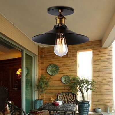Retro Industrial Style Wrought Iron Cone Shade Ceiling Light Black Semi Flush Mount Lamp for Aisle Corridor