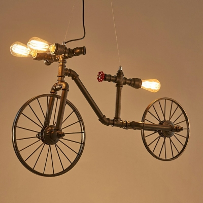 Wrought Iron Bike Shaped Chandelier Nautical Industrial Style 3 Light Hanging Pendant in Black