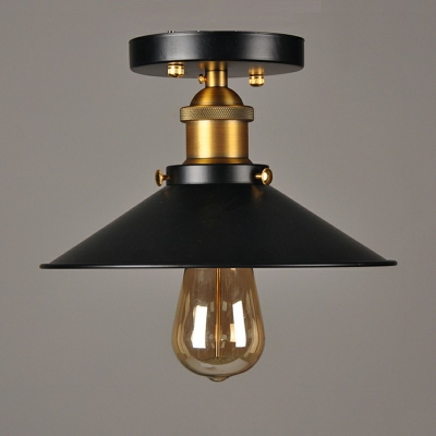 1 Bulb Cone Semi Mount Light Iron Flush Mount Lighting Corridor Ceiling Lamp in Black