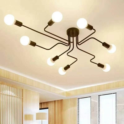 8-Light Flush Mount Chandelier Industrial Style Spread Shape Metal Ceiling Light Fixture