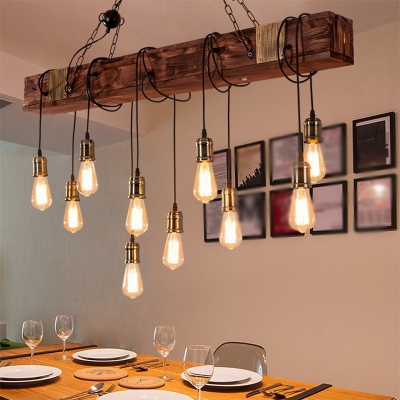 Distressed Wood Industrial Style Linear Island Chandelier Lights Wood Island Light for Restaurant Bar