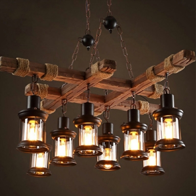 Industrial Style Cylinder Chandelier Light Retro Wood Suspension Pendant Light for Coffee Shop