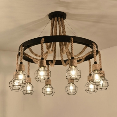 Industrial Style Wire Cage Shade Multi Light Pendant Natural Rope 10 Light Hanging Lamp for Bar