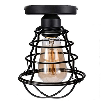 Industrial Style Wire Cage Shaped Semi Flush Mount Light Metal 1 Light Ceiling Light in Black