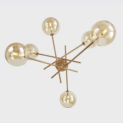 Post-Modern Hanging Chandelier Light 6 Bulb Amber Glass Shade Ceiling Chandelier in Gold