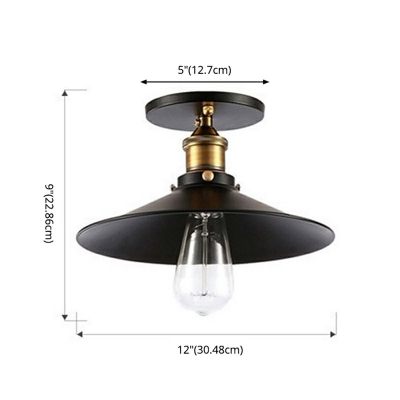Retro Industrial Style Wrought Iron Cone Shade Ceiling Light Black Semi Flush Mount Lamp for Aisle Corridor