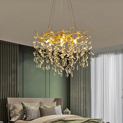 Rustic Style Clear Crystal Pendant Light Branche Dining Room Decoration Chandelier Lighting Fixture in Gold