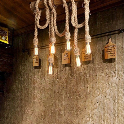 Rustic Stylish Bare Bulb Island Light Wood Rope Island Pendant in Flaxen for Bar