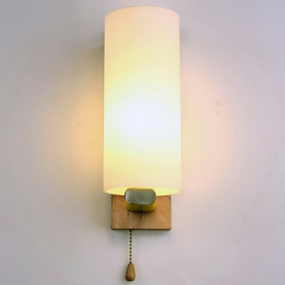 1-Head Bedside Pull Chain Sconce Light Simple Wall Light with Cylinder White Glass Shade in Wood