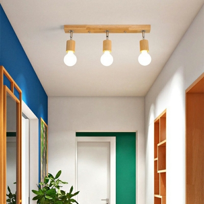 3-Bulb Living Room Ceiling Track Lighting Wood Modernism Semi Flush Light Fixture