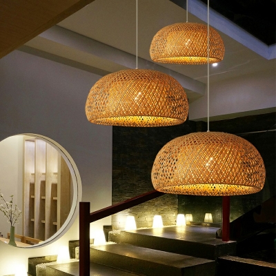 Chinese Style Bamboo Pendant Light Hallow 2 Ties Lantern Shaped Hanging Light for Dinning Room Hot-pot Restraunt