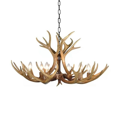 Faux Antler Bistro Hanging Chandelier Country Resin 6 Heads Brown Pendant Ceiling Light