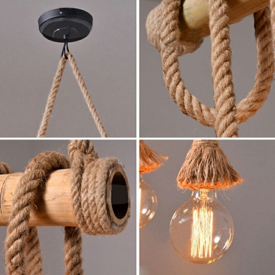 Flaxen Exposed Bulb 6-Bulb Hanging Lamp Bar Lodge Hemp Rope Dinette Island Light with Bamboo Pole