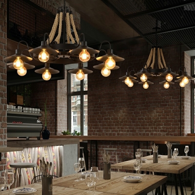 Industrial 8 Lights Rope Black Chandelier Light Cone Shade Restaurant Pendant Lamp