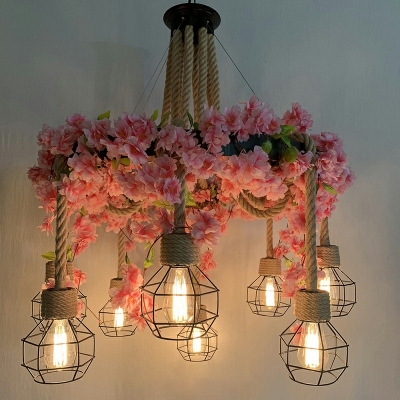 Industrial Style Multi Light Pendant Nature Rope 8 Light Plants Decorative Hanging Lamp for Restaurant