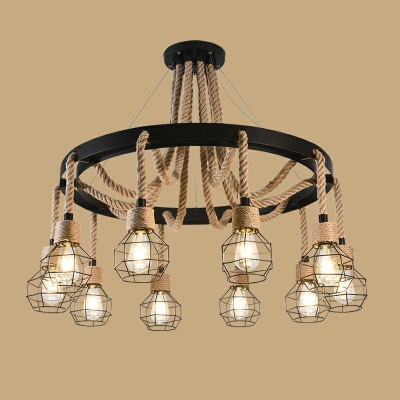 Industrial Style Wire Cage Shade Multi Light Pendant Natural Rope 10 Light Hanging Lamp for Bar