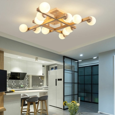 Modern Style Semi Flush Mount Light Wood 12 Light Ceiling Light for Living Room