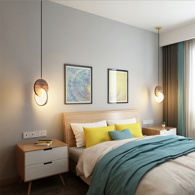 Wood Metal Acrylic Hanging Light Round LED Pendant Light for Bedside